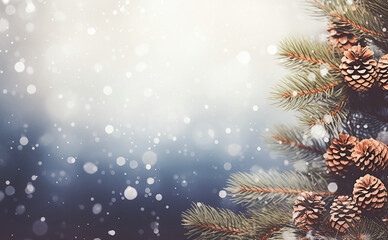  Christmas bokeh background with pine branches, cones, and space for text
