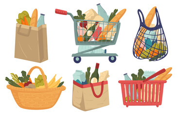 Shopping buying grocery products in shops vector