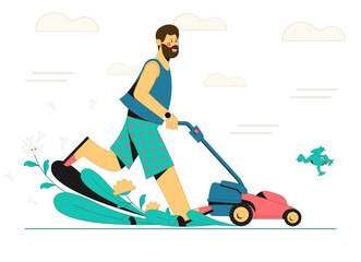 A cheerful man with a lawn mower mows the grass against the background with clouds and a frog. Vector illustration.
