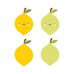 cute fruits, tomato watermelon strawberry lemon and pear illustration vector white background