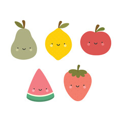 cute fruits, tomato watermelon strawberry lemon and pear illustration vector white background - 628775858