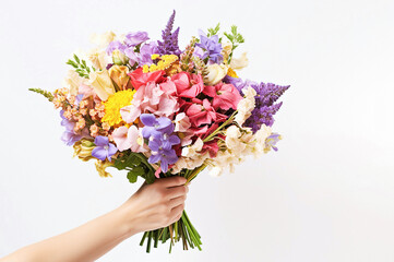  Hand holding bouquet of beautiful flowers