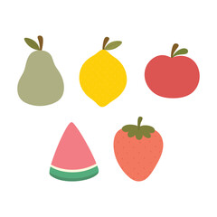 cute fruits, tomato watermelon strawberry lemon and pear illustration vector white background