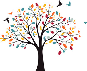 birds flying to the colorful tree wall art decor vector illustration