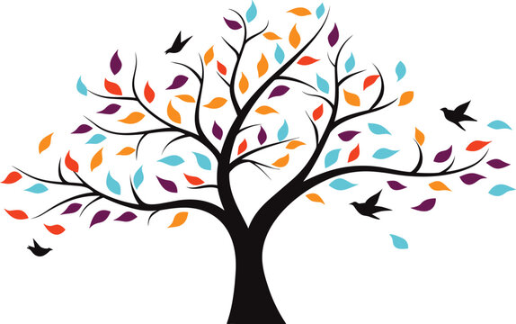 birds flying to the colorful tree wall art decor vector illustration