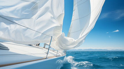 A close-up of billowing white sails against a clear blue sky, capturing the beauty of sailing Generative AI