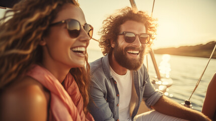 A group of friends enjoying a leisurely day on a sailboat, basking in the warm sunlight Generative AI