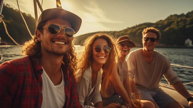 A group of friends enjoying a leisurely day on a sailboat, basking in the warm sunlight Generative AI