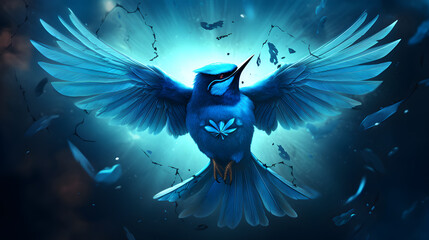 a big blue bird with its wings spread