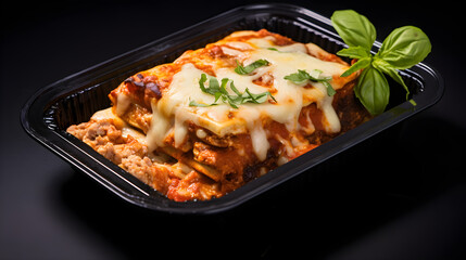 masterpiece product photo of a premade meal in a black square plastic tray, the meal consists of cheese lasagna and Italian pork sausage in tomato basil, Generative AI - obrazy, fototapety, plakaty