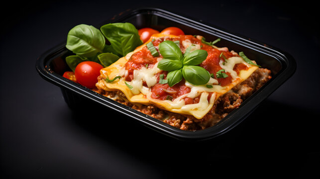masterpiece product photo of a premade meal in a black square plastic tray, the meal consists of cheese lasagna and Italian pork sausage in tomato basil, Generative AI