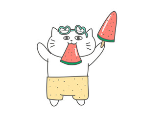 海パン姿でスイカを食べる猫