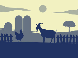 Flat Illustration of Chicken and Goat in Farm Live. Silhouette Vector Illustration.