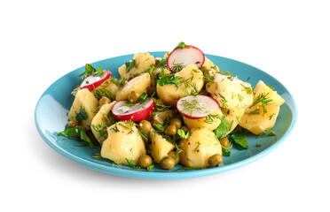 Plate of tasty Potato Salad with vegetables on white background