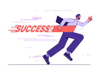 Businessman crossing finish line and tearing ribbon finishing first in a market race. Confident businessman win race competition achieving success. Career achievement leadership concept
