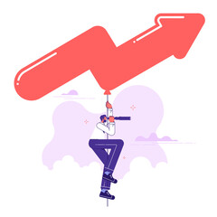 Man with spyglass hung arrow hot air balloon searching for new business opportunity, business vision or new business opportunity concept