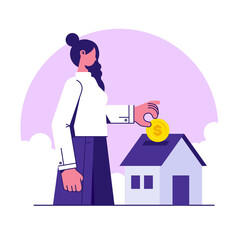 Woman putting golden coin to small house real estate, Save money for house property concept