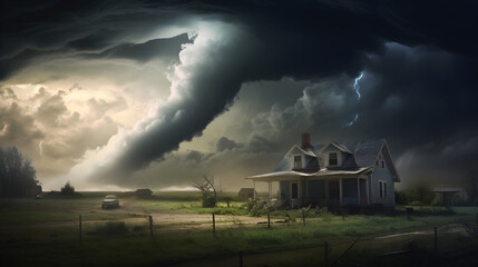 Naklejka na ściany i meble Rural house with tornado, twister looming, moodily menacing, Generative AI