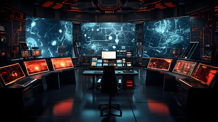 sci fi control room huge room futuristic sensors computers screens maps, Generative AI