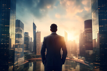 Fototapeta premium Professional business man looking at the sun on city in the sky, immersive environments, light blue. Generative AI.