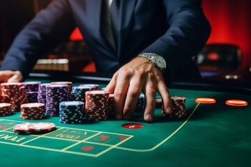 Casino player rich dealer croupier gambling blackjack poker roulette table white luxury shirt hands cards chips stacks successful win gamble loss card game las vegas texas house bet taking risk