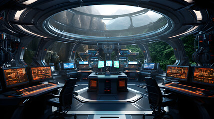 sci fi control room huge room futuristic sensors computers screens maps, Generative AI