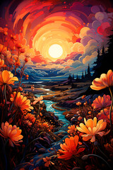 Obraz na płótnie Canvas Pintura de paisaje con rio bajando de las montanas y sol de fondo