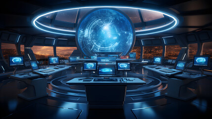 sci fi control room huge room futuristic sensors computers screens maps, Generative AI