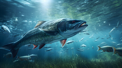 Fototapeta premium Predatory fish underwater, ready to swallow the bait. hunting predator fish underwater, Generative AI