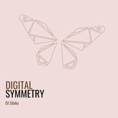 Composition of dj slinky digital symmetry text over drawing of butterfly on beige background