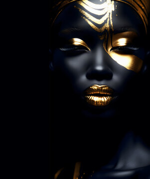 Fashion Concept. Closeup portrait of stunning beautiful woman girl portrait in gold paint foil. illuminated with dynamic composition light. sensual, mysterious, advertisement, magazine, dark