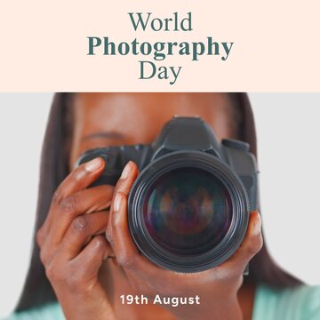 World photography day text in green and date over african american woman using camera