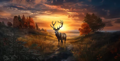 Papier Peint photo Lavable Antilope a large deer walking in sunset Photorealistic Nature wallpaper .Generative Ai content