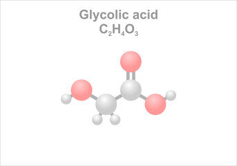Glycolic acid. Simplified scheme of the molecule. Use in the textile industry as dyeing, tanning agent.