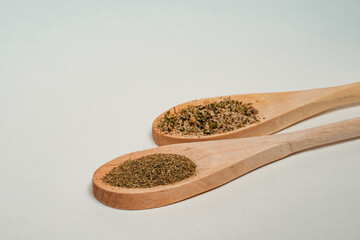 Wooden spoons filled with spices in different positions