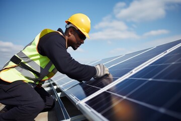 Fototapeta na wymiar Engineer worker man employee technician inspects solar panels batteries. Advanced technological install panels green clear renewable ecological energy electricity production equipment safety helmet