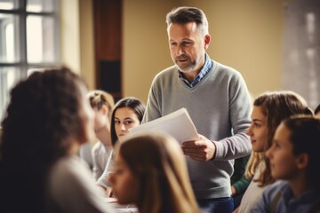 Educational lesson lecture academic presentation school university college class classroom man male teacher teach explain task to students education math science language study business presentation