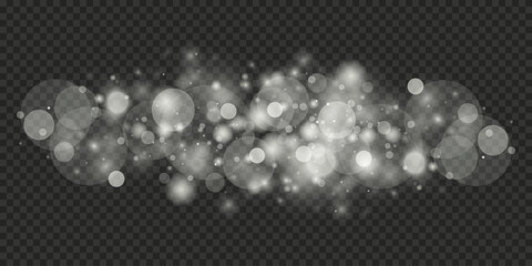 Light abstract glowing bokeh lights. Light bokeh effect isolated on transparent background. Christmas background from shining dust. Christmas concept flare sparkle. White png dust light.