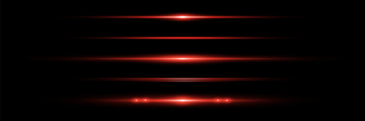 Pack of bright horizontal highlights, rays, lines on a black background. Laser beams, horizontal light beams.