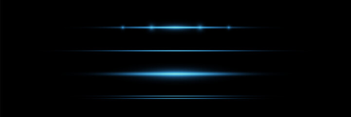 Pack of bright horizontal highlights, rays, lines on a black background. Laser beams, horizontal light beams.