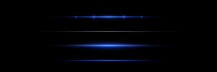 Pack of bright horizontal highlights, rays, lines on a black background. Laser beams, horizontal light beams.