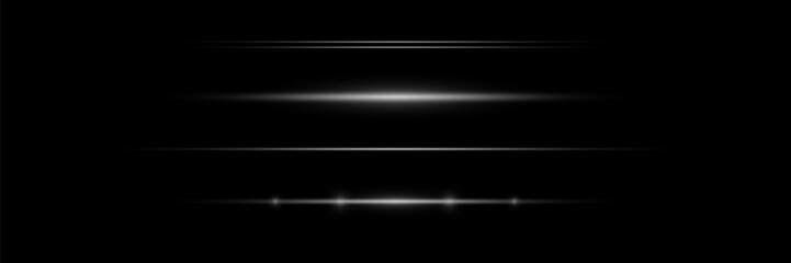 Pack of bright horizontal highlights, rays, lines on a black background. Laser beams, horizontal light beams.