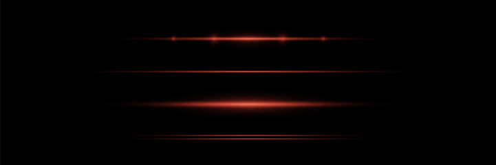 Pack of bright horizontal highlights, rays, lines on a black background. Laser beams, horizontal light beams.