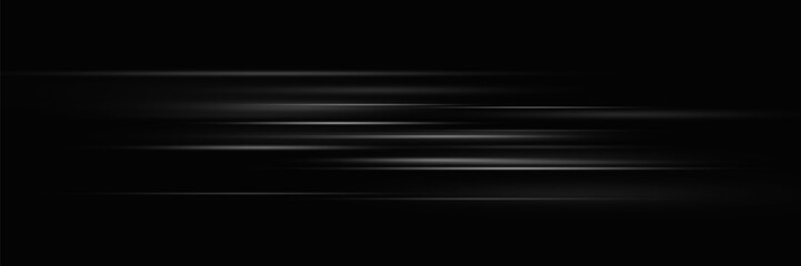 Abstract neon horizontal white speed light effect on black background. Vector illustration.