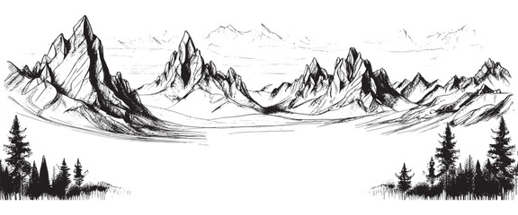 Fototapeta na wymiar Vector sketch of hand drawn graphic mountain ranges and pine forest. Natural landscape. Black and white backgrounds for outdoor camping.
