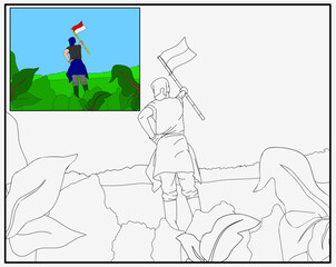 An illustration of a man brandishing an Indonesian flag in the middle of the fields. Indonesia. Merdeka. Coloring book for kids. Children drawing page. Cartoon vector illustration. August 17, 1945 