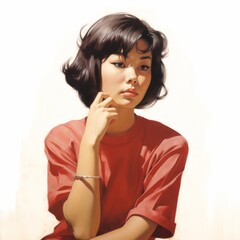 Fototapeta premium Asian young woman in thinking and doubts realistic illustration. Female hipster character with dreamy face on abstract background. Ai generated bright colorful poster.