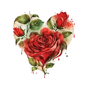 Red rose flower heart shape watercolor paint