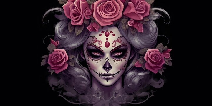 AI Generated. AI Generative. Muertos Mexican latin day of the dead holiday carnival woman make up sugar skull face. Beautiful woman with halloween makeup