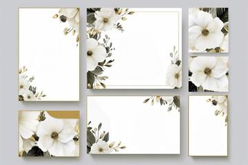 Card templates set with flowers; artistic design for business, wedding, anniversary invitation, flyers, brochures, table number, RSVP, Thank you card, Save the date card. Generative ai.